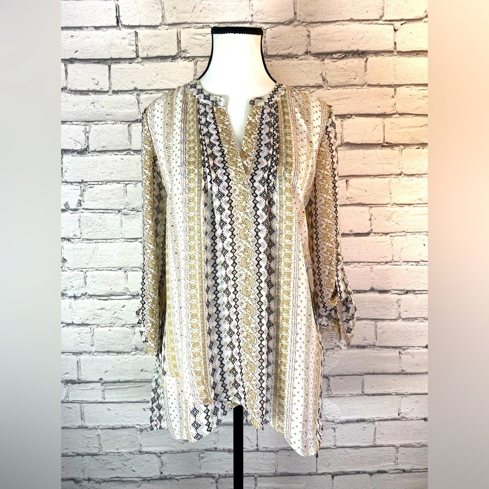 DR2 Aztec Print Geometric Sheer Layered Bohemian Blouse Long Sleeve Oversized XS